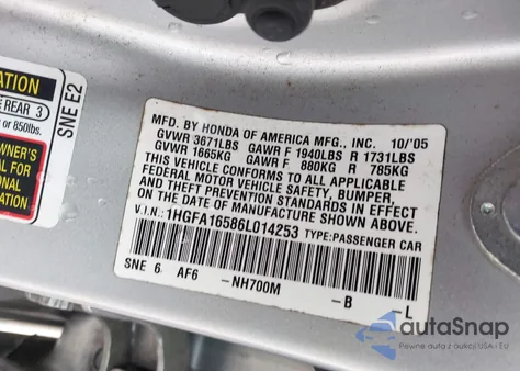 2006 Honda Civic Lx from USA, damaged, VIN 1HGFA16586L014253